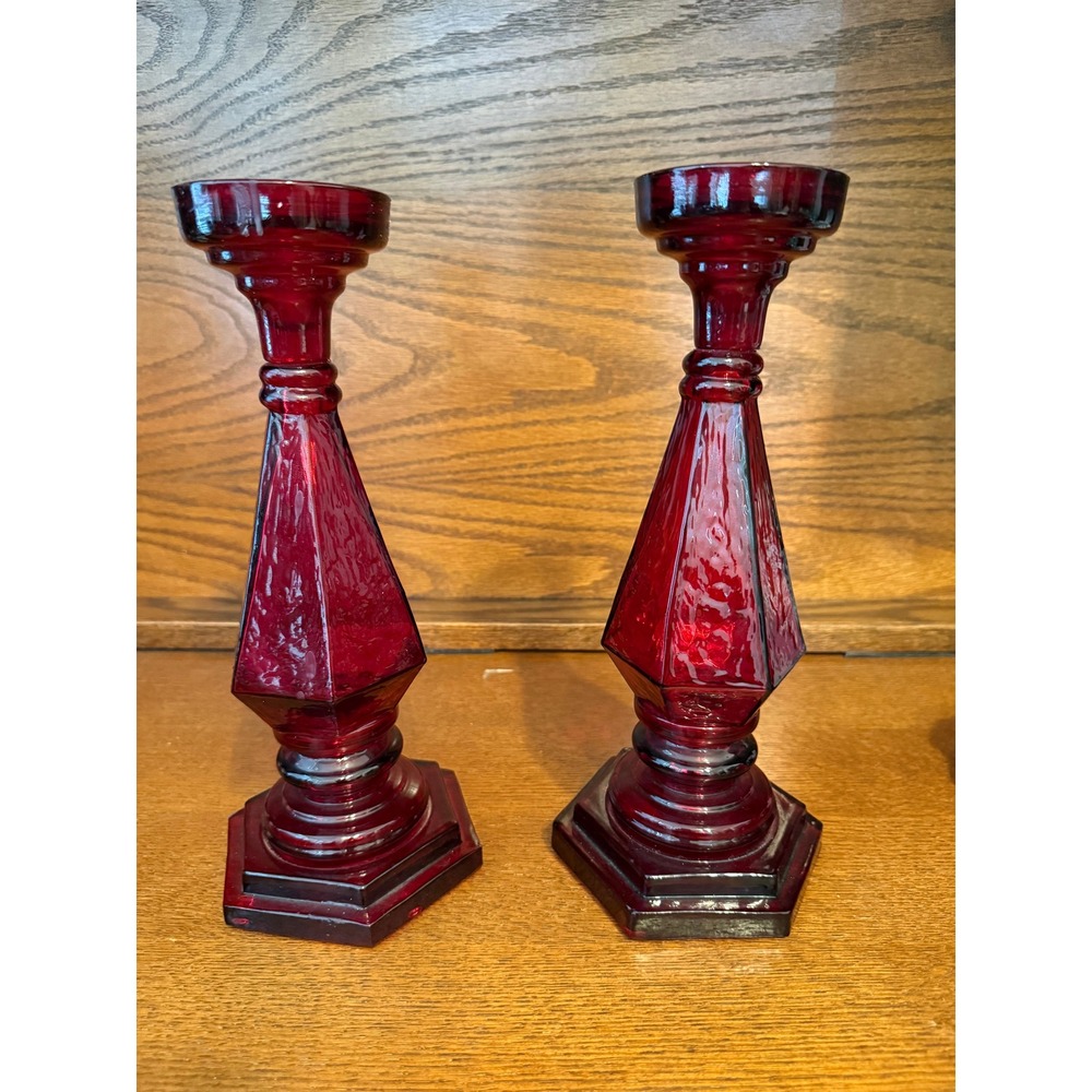 Vintage Ruby Red Glass Candlestick Holders Pair Hexagonal Base Faceted Geometric